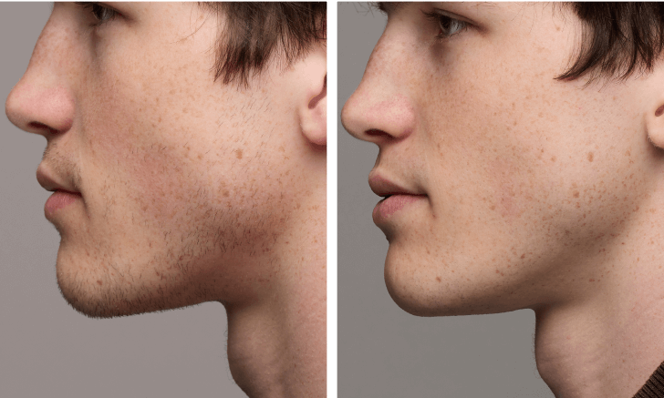 avant et après d'une epilation lumiere pulsee du visage, du menton d'un homme avec Ulike epilateur IPL