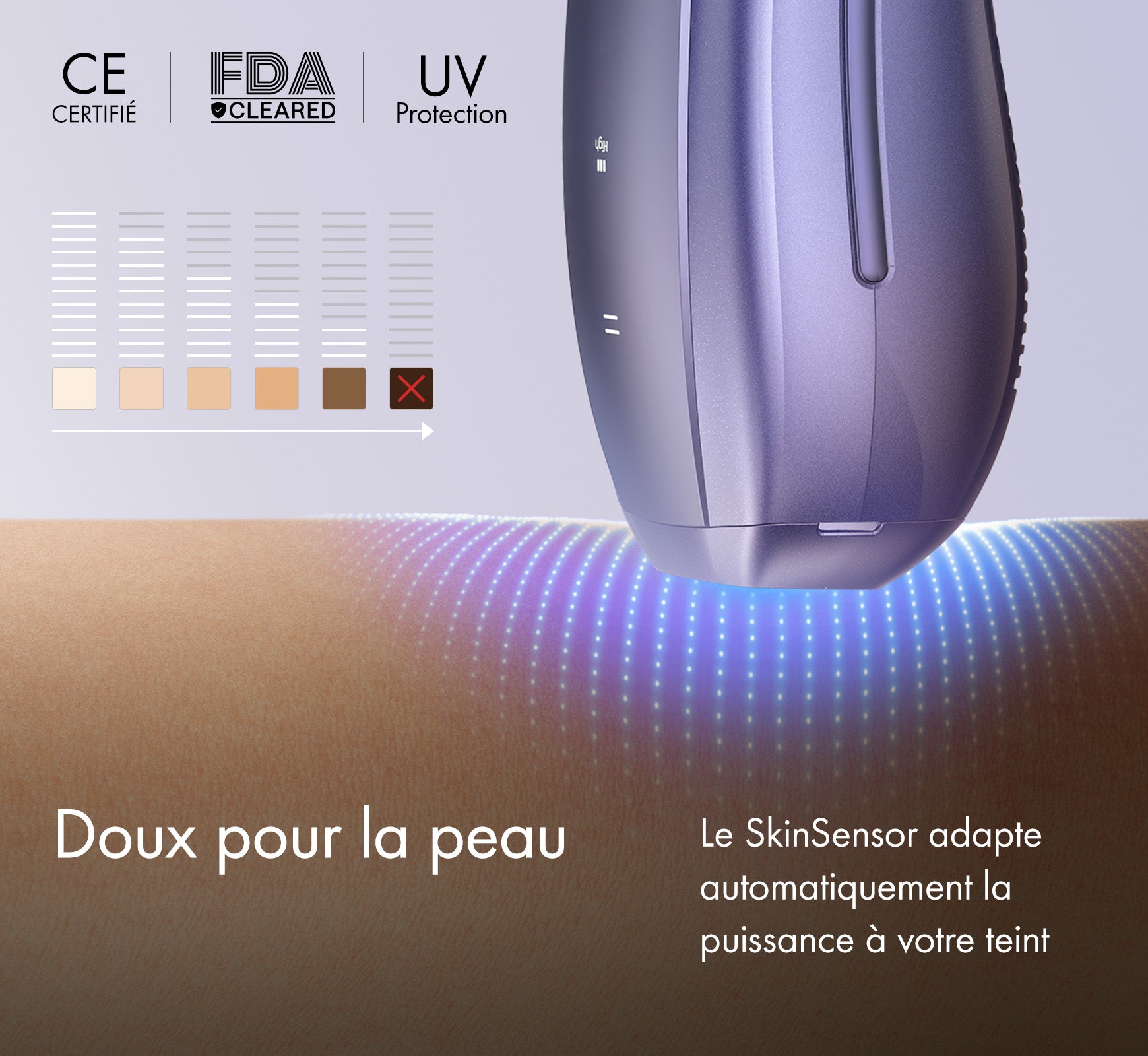 L'épilateur à lumière pulsée Ulike Air 10, doux pour la peau avec le SkinSensor qui adapte automatiquement la puissance à votre teint de peau, certifié par CE