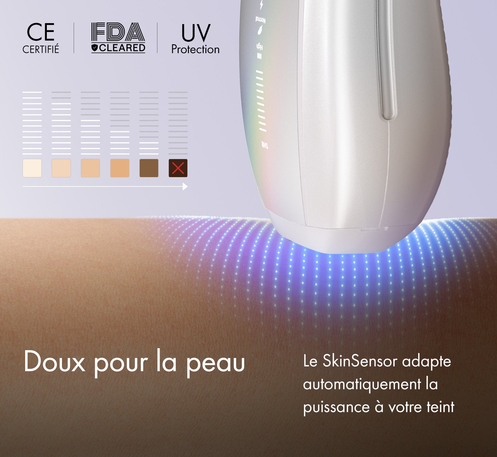 L'épilateur à lumière pulsée Ulike Air 10, doux pour la peau avec le SkinSensor qui adapte automatiquement la puissance à votre teint de peau, certifié par CE