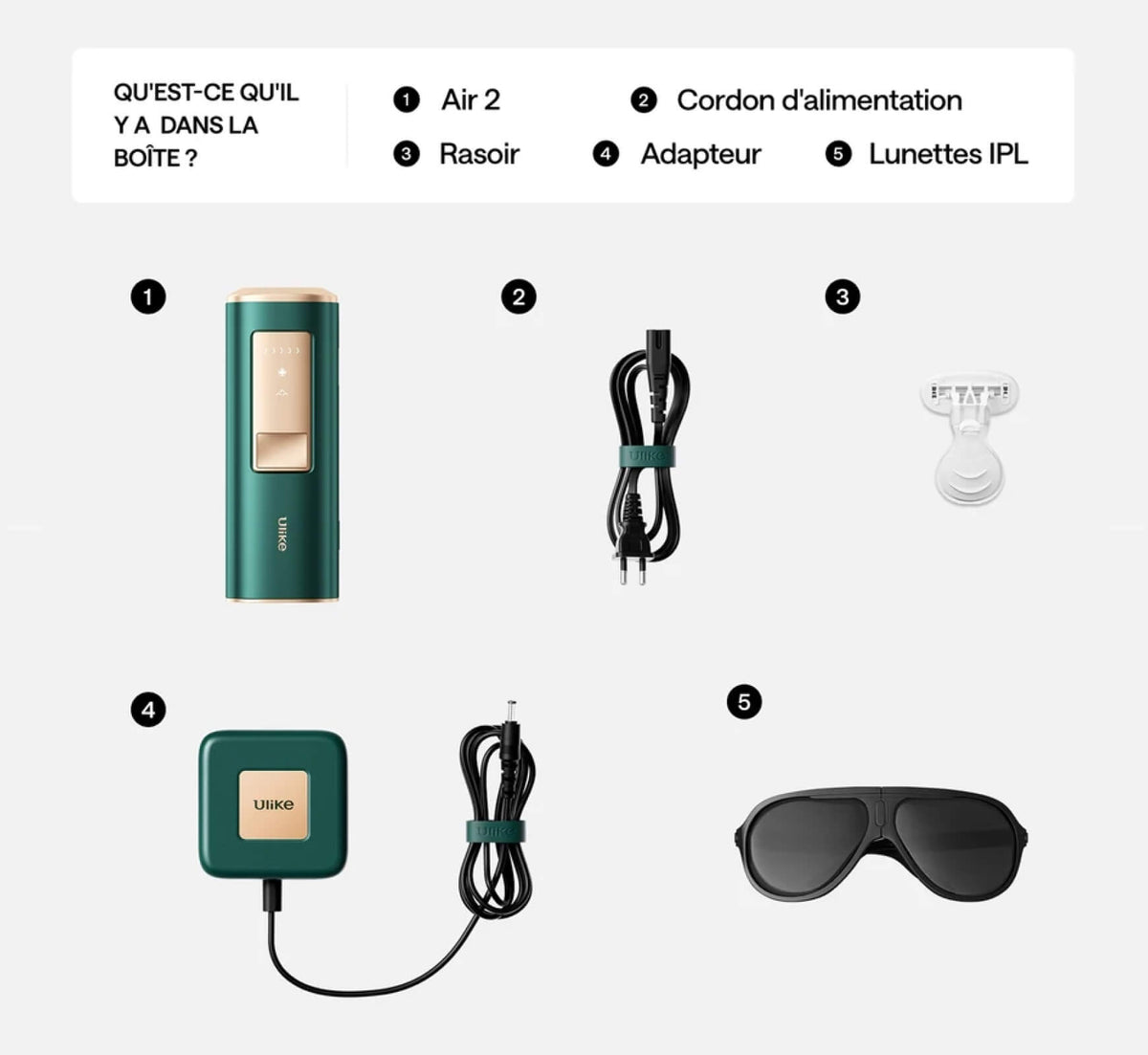 Ulike Air 2 Épilateur IPL-contenu-coffret-accessoires